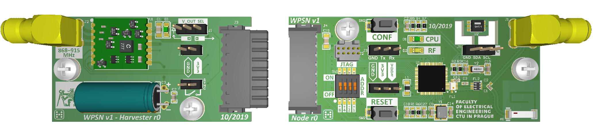 Fig. 2. 3D model of the designed wireless end node (right part) with RF harvester module (left part)